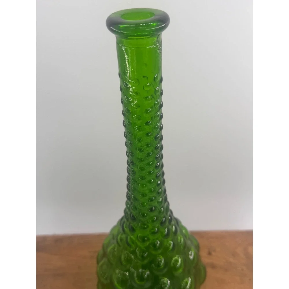 Vintage Green Glass Hobnail Genie Bottle Vase Mid Century Modern Decor 13.5 Inch